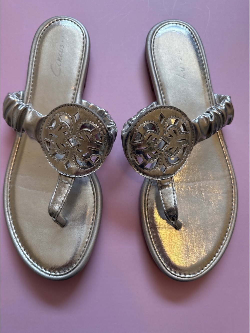 Circus by Sam Edelman Silver Metallic Slip-On Sandals with Decorative Cutout
